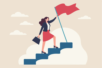 Success fearless female entrepreneur, woman leadership or challenge and achievement concept, success businesswoman on top of career staircase holding winning flag looking for future visionary.