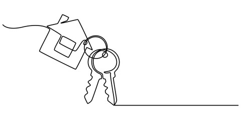 Continuous one line art drawing symbol of house keys, Real Estate Line Icon Vector Design, Single continuous line drawing keychain with key ring, two keys and a pendant house locket. minimal style.