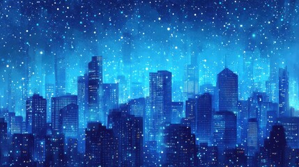City skyline illuminated with twinkling lights and blue atmosphere