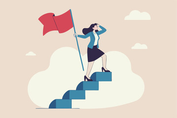 Success fearless female entrepreneur, woman leadership or challenge and achievement concept, success businesswoman on top of career staircase holding winning flag looking for future visionary.