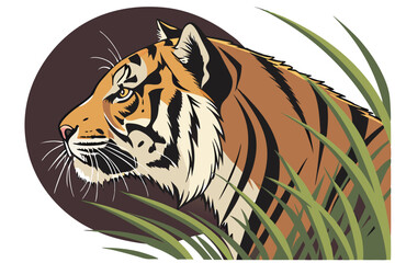   Hyper-realistic tiger portrait, green grass frame, intense gaze, detailed fur texture, striking orange and black stripes, circular composition, white background, dramatic lighting, 3D effect, wildl