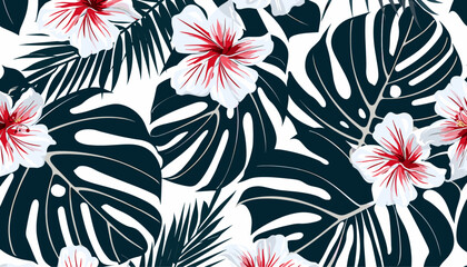 Hawaiian tropical flowers, Hibiscus vector, monstera palm leaves, seamless floral pattern, vector wallpaper, tropical design, exotic style, palm leaves decor, island paradise print