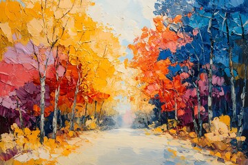 Vibrant Autumn Forest Road: A Colorful Landscape Painting