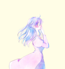 泣いて驚く女性　横側　風