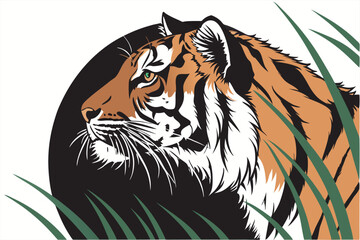   Hyper-realistic tiger portrait, green grass frame, intense gaze, detailed fur texture, striking orange and black stripes, circular composition, white background, dramatic lighting, 3D effect, wildl