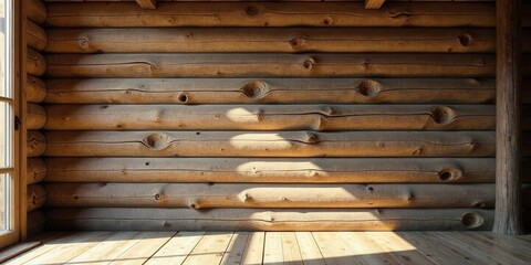 Sunlit Rustic Log Cabin Interior Featuring Wooden Walls and Floor