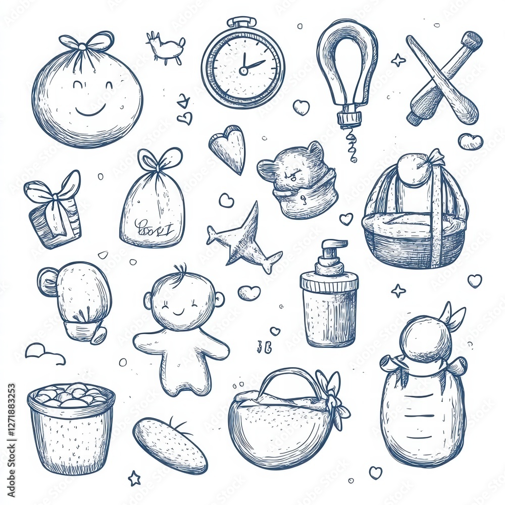 Aufkleber whimsical collection of hand drawn baby items and playful objects in a charming, creative arrangemen