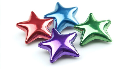 Obraz premium Set of simple metallic stars in different colours as design elements, red, green, blue and purple, isolated on a white background.