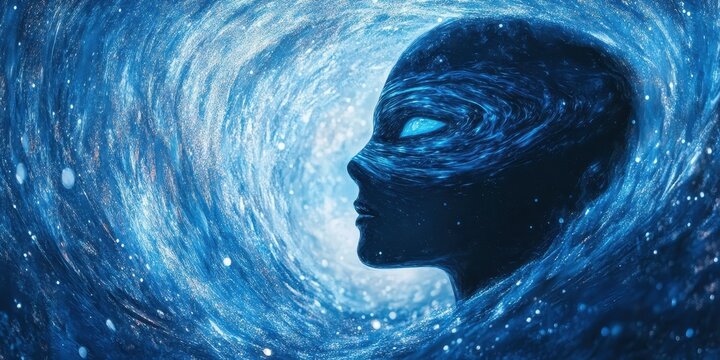 An alien head emerges from a swirling cosmic nebula
