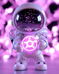 Fototapeta premium Futuristic astronaut figure illuminated by vibrant pink lights in a surreal setting.