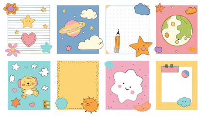 Cute notebook sheets vector, simple scribble elements, social media post template, dog, planet, star, cloud, flower, pencil, arrow, stroke, frame, kid-friendly design, playful style