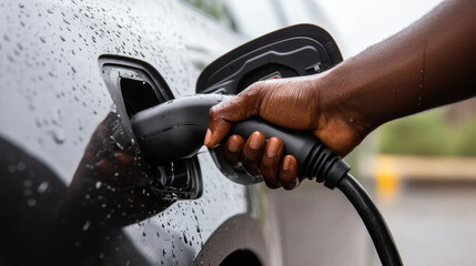 Close Up of Hand Plugging Charger into Electric Vehicle on a Rainy Day