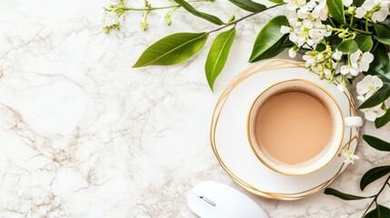 Coffee, flowers, computer mouse, marble desk, spring