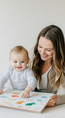 Fototapeta premium Joyful parenting moment with smiling mother and baby engagement