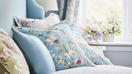 Elegant cottage or country house room, blue colour interior design and home decor, furniture and soft furnishing fabric and upholstery, English countryside style idea