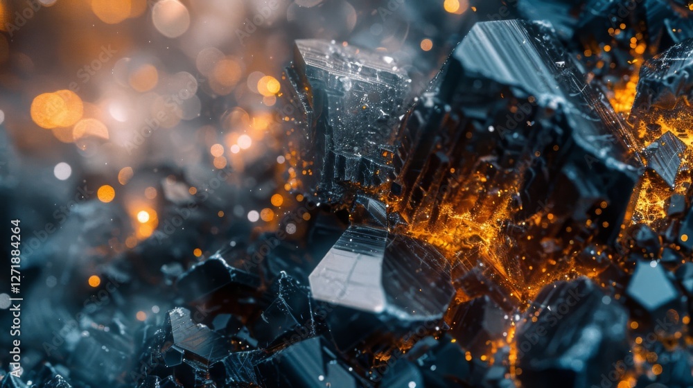 Poster Intricate close up of dark crystalline structures illuminated by vibrant orange highlights creates a mesmerizing visual effect, emphasizing texture and contrast.
