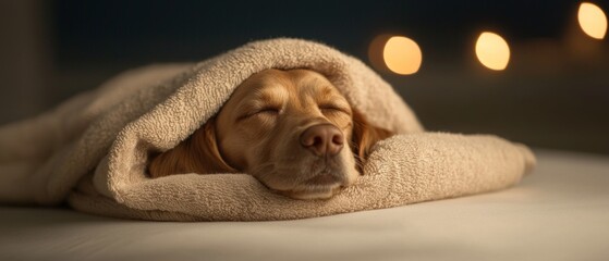 Dog Sleeping Peacefully Wrapped in Towel on Bed Relaxing and Cozy Under Soft Blanket in Warm Light Serene Scene