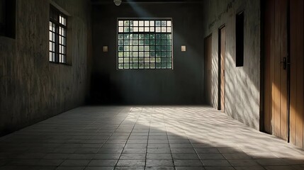 Sunlit Hallway Interior with Dark Walls and Tile Floor