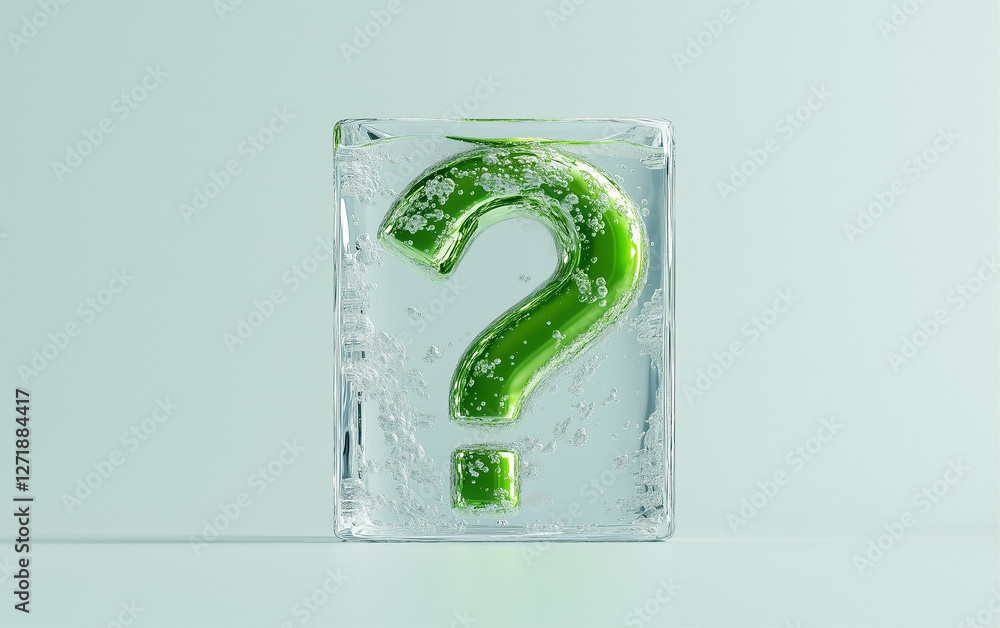 Aufkleber ice cube with green question mark inside with bubbles. green question mark in ice cube with bubbles