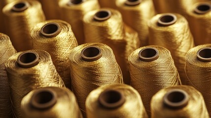 Fototapeta premium Golden spools of thread. Sewing thread. Craft sewing background