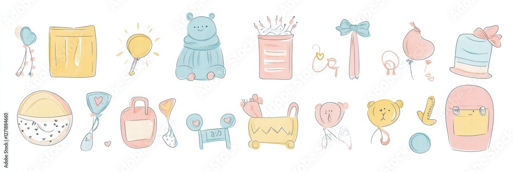 Aufkleber delightful collection of pastel colored toys arranged in a playful pattern on a light background fea