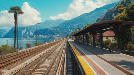 A scenic shot of a train station located in a picturesque setting, such as near mountains or by the sea, highlighting the connection between travel and landscape.