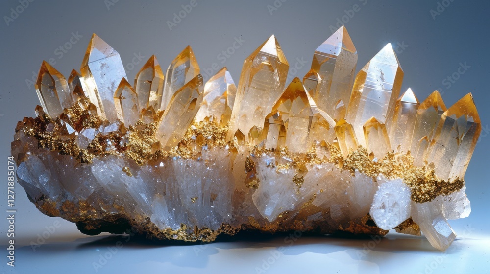 Leinwandbilder quartz crystals with golden highlights sit prominently on a textured base, illuminated by soft light