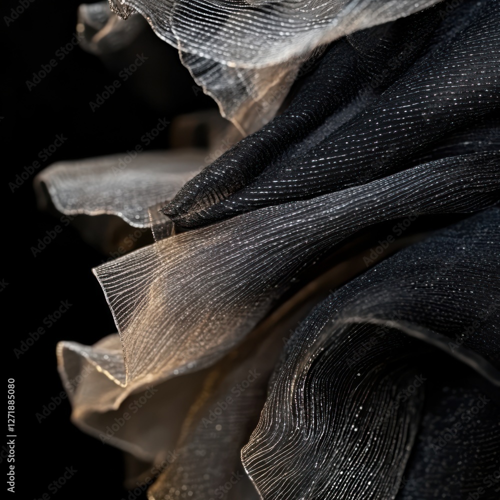 Poster captivating close-up of a flowing fabric revealing intricate textures and layers in a dramatic setti