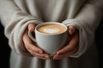 Gentle moment of a woman drinking white coffee, hands cradling the cup, creamy coffee texture subtly visible, warm tones and crisp photorealistic focus