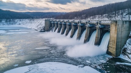 Fototapeta premium A seasonal shot of a dam in winter, with snow-covered surroundings and ice forming on the reservoir, highlighting the dam's functionality in different weather conditions.