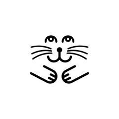 Smiling cat face with whiskers and paws. Minimalist vector illustration.
