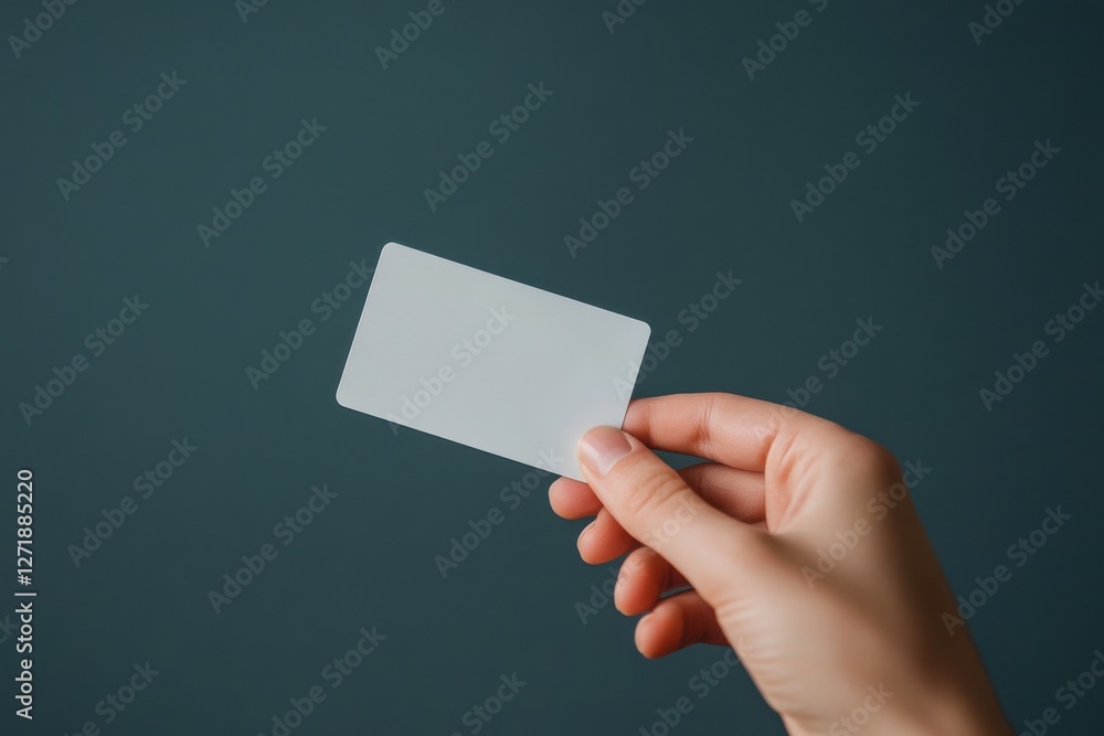 Aufkleber blank card held by a hand against a dark background in a minimalist setting