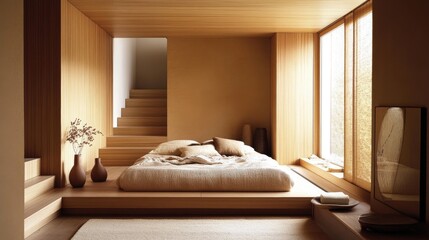 A serene Nordic bedroom with a low-profile bed, light wood furniture, and soft textiles, complemented by a soothing color scheme and plenty of natural light.