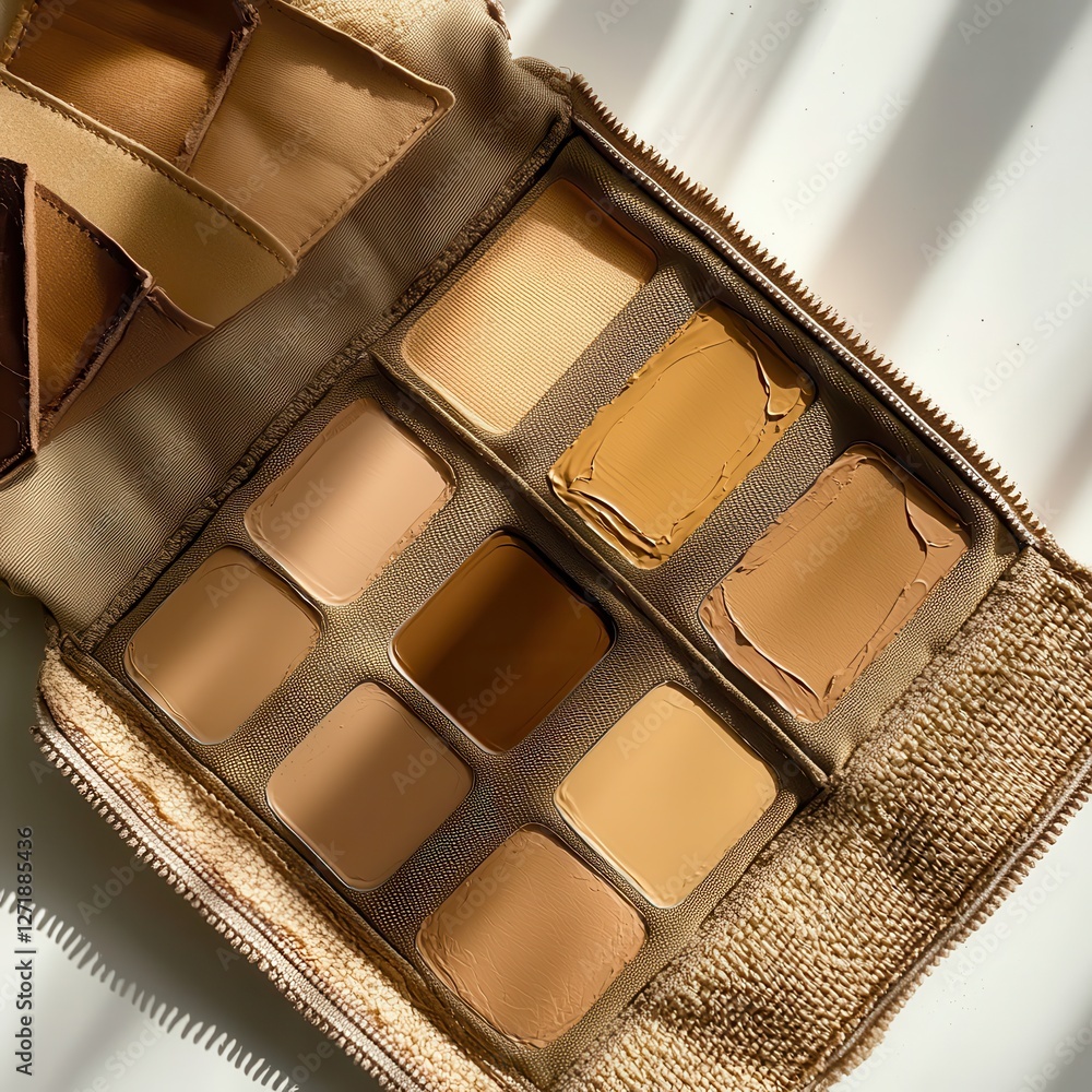 Poster Makeup palette with various shades displayed on a light background in a sunny setting