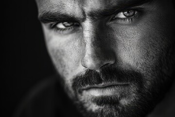 Obraz premium Intense close-up of a man with striking features showcasing deep emotions and strong character in a monochrome setting