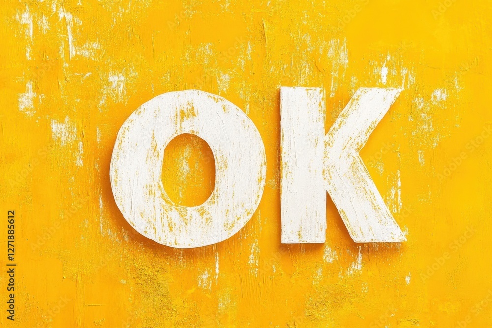 Aufkleber bright yellow wall with large white letters spelling out ok, creating a cheerful and positive atmosp