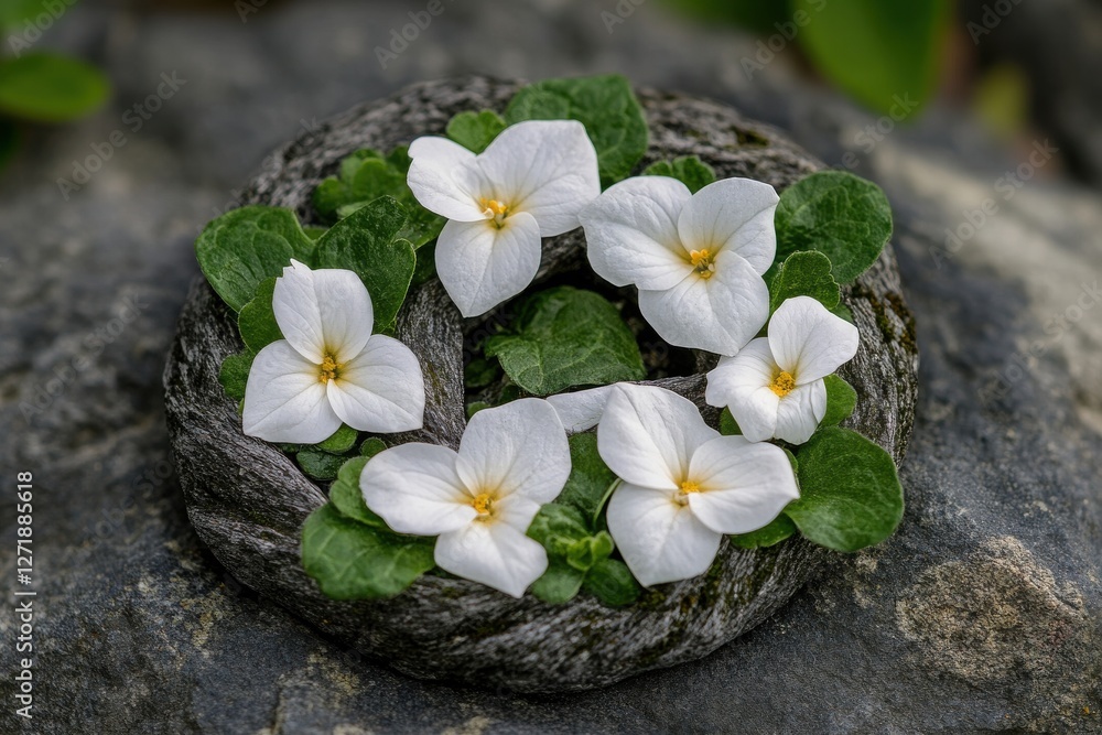 Poster white flowers and green leaves arranged in a circular pattern on a rock in a serene outdoor setting