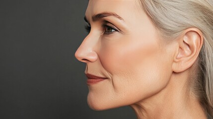 A side profile of a -year-old woman with a smooth and even complexion, showing subtle signs of aging and emphasizing her timeless beauty in a classic setting.