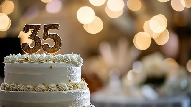 35th birthday cake adorned a gold accents. Birthday party. Blurred light festive background. Golden balloons. Thirty five years, Thirty-fifth anniversary. Celebration cake, golden candles. Numbers 35