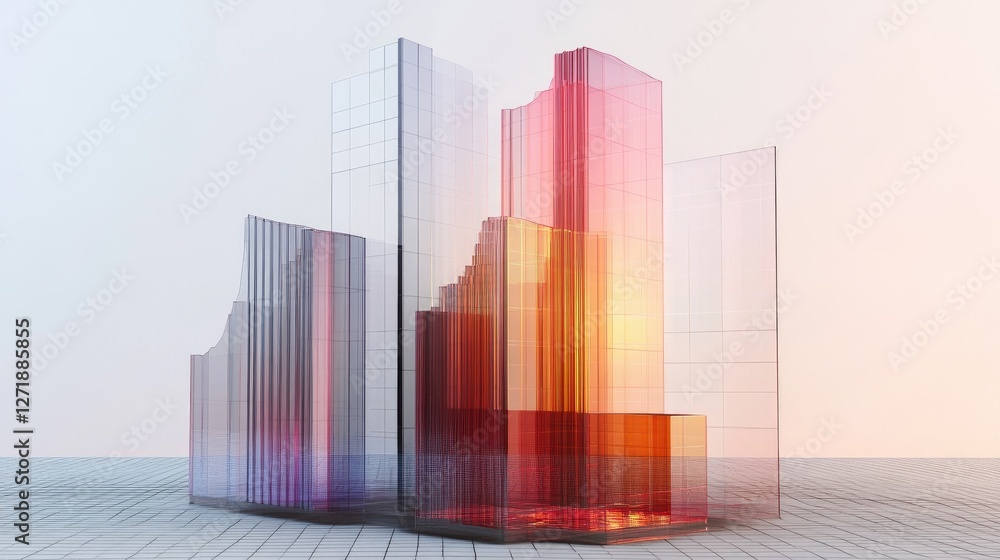 Poster a side view of a d bar chart with translucent bars and a grid background, illustrating detailed data