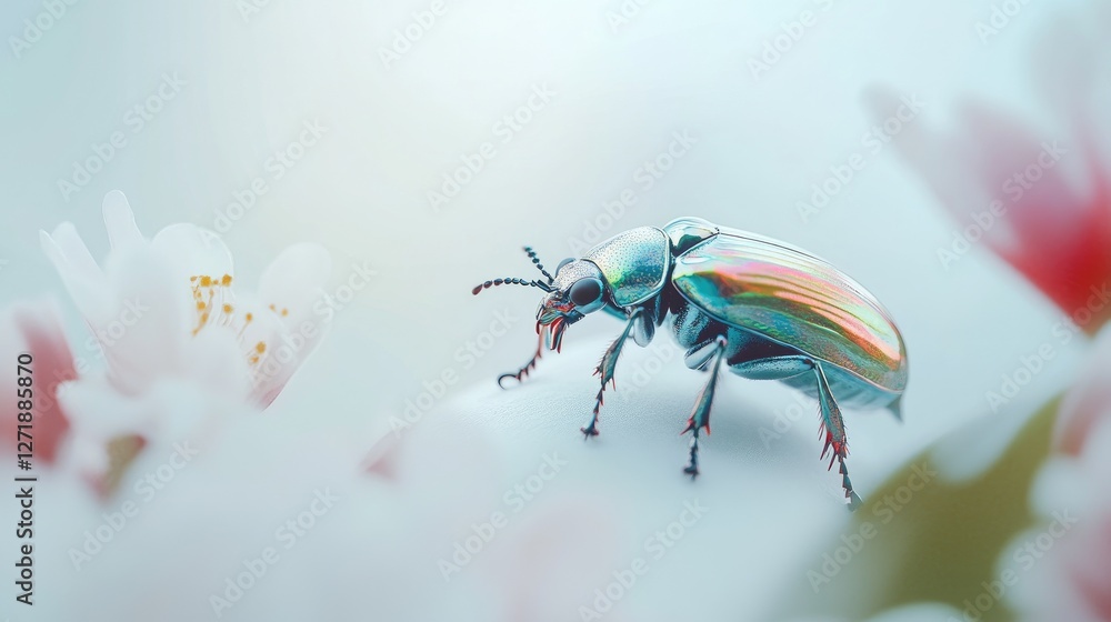 Poster a single beetle on a white surface, with a focus on its shiny, iridescent shell and legs, creating a