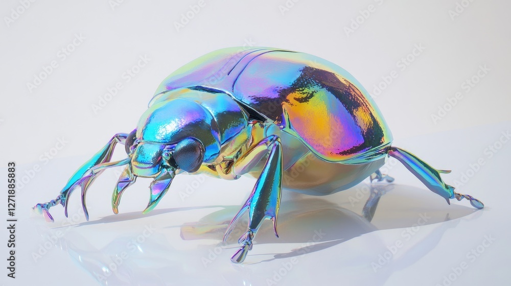 Poster a single beetle on a white surface, with a focus on its shiny, iridescent shell and legs, creating a
