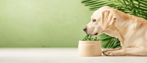 Labrador Eats Greens from a Pot in Front of Green Background and Palm Fronds Showing Diet and Wellness