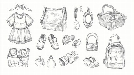 Collection of vintage childrens clothing and accessories displayed in a whimsical arrangement for artistic inspiration. Generative AI