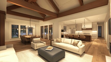 A spacious living room with an open floor plan, seamlessly connecting to the dining area, showcasing a harmonious flow between spaces for entertaining and family time.