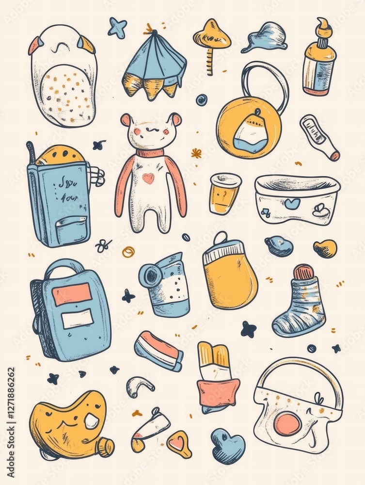 Aufkleber colorful doodles of everyday objects and cute characters set against a light background showcasing c
