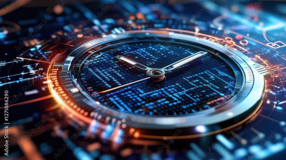 Poster a clock with a digital face and a blue background