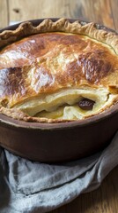 A mouthwatering homemade pie with a crispy golden crust. Perfect for a cozy evening. A delightful culinary creation.