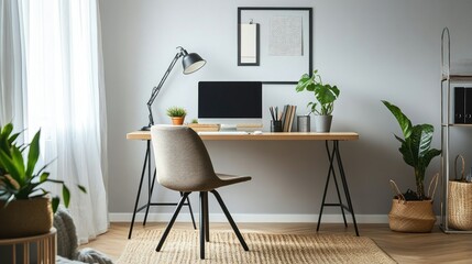 A stylish home office with a minimalist desk, ergonomic chair, and minimalistic decor, highlighting productivity and a clutter-free workspace.
