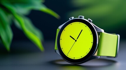 Modern Smartwatch with Vibrant Yellow Digital Display and Lime Green Strap, Set Against a Lush Green Background